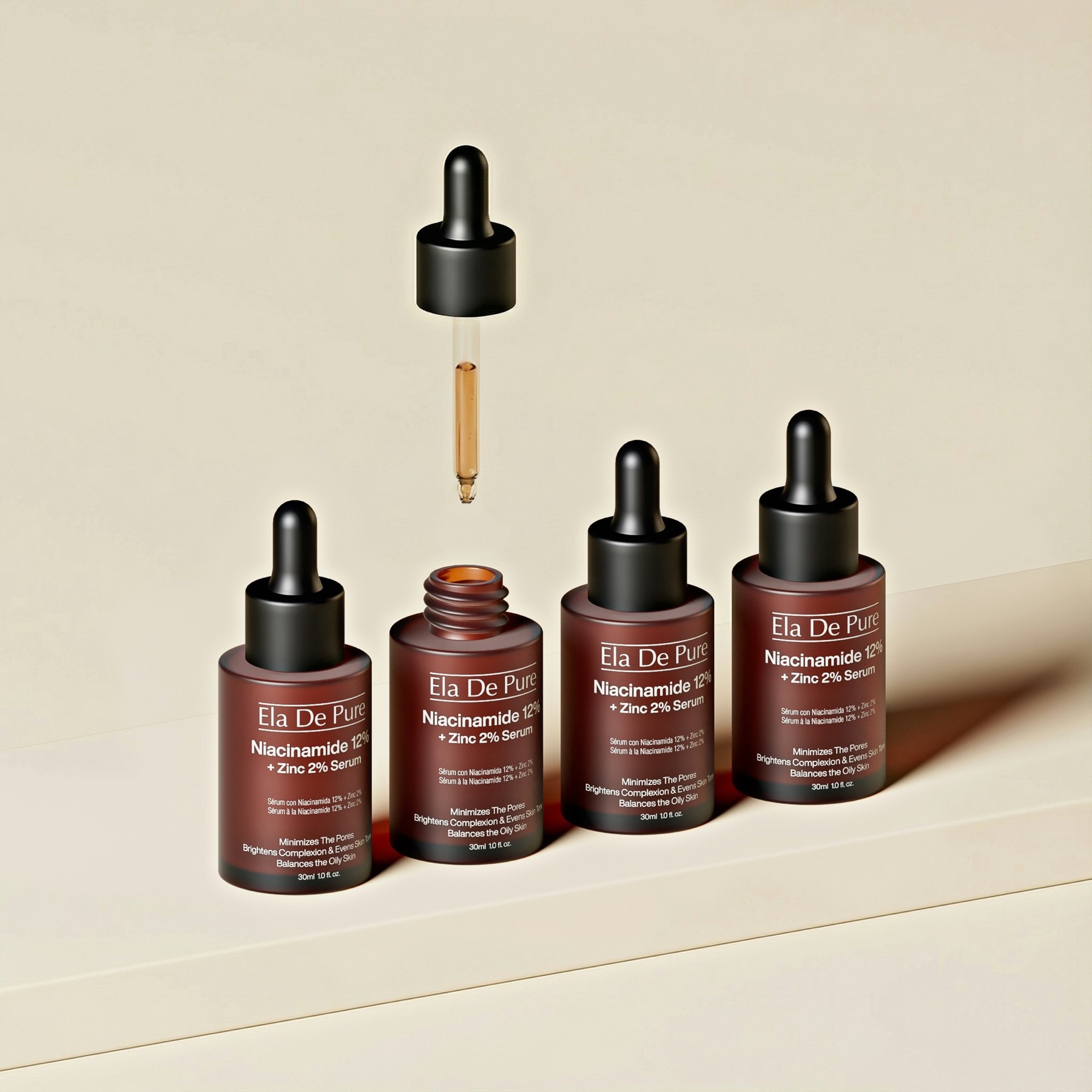 스포이드가 달린 스킨케어 세럼 병들