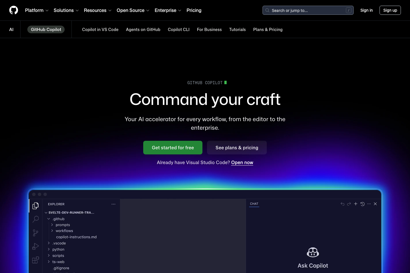 GitHub Copilot 공식 페이지 상단 화면