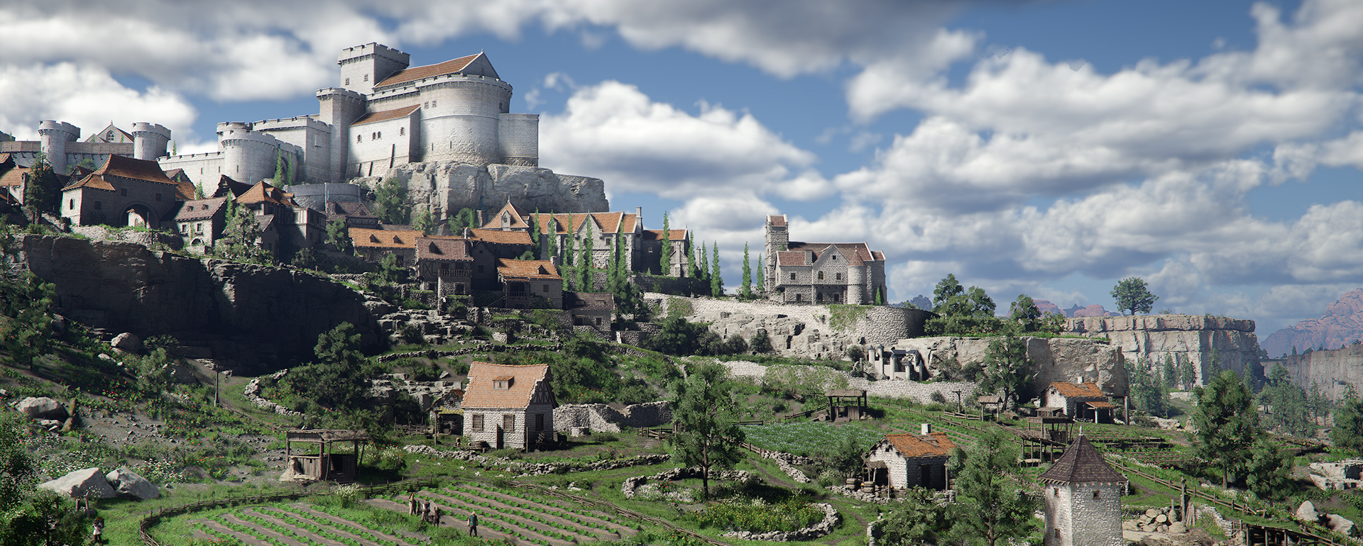 붉은사막 초기 게임플레이에 등장한 성곽과 마을 풍경 이미지